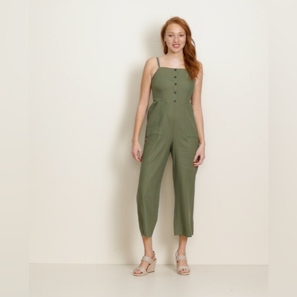 Old Navy Green Button Front Linen-blended Jumpsuit